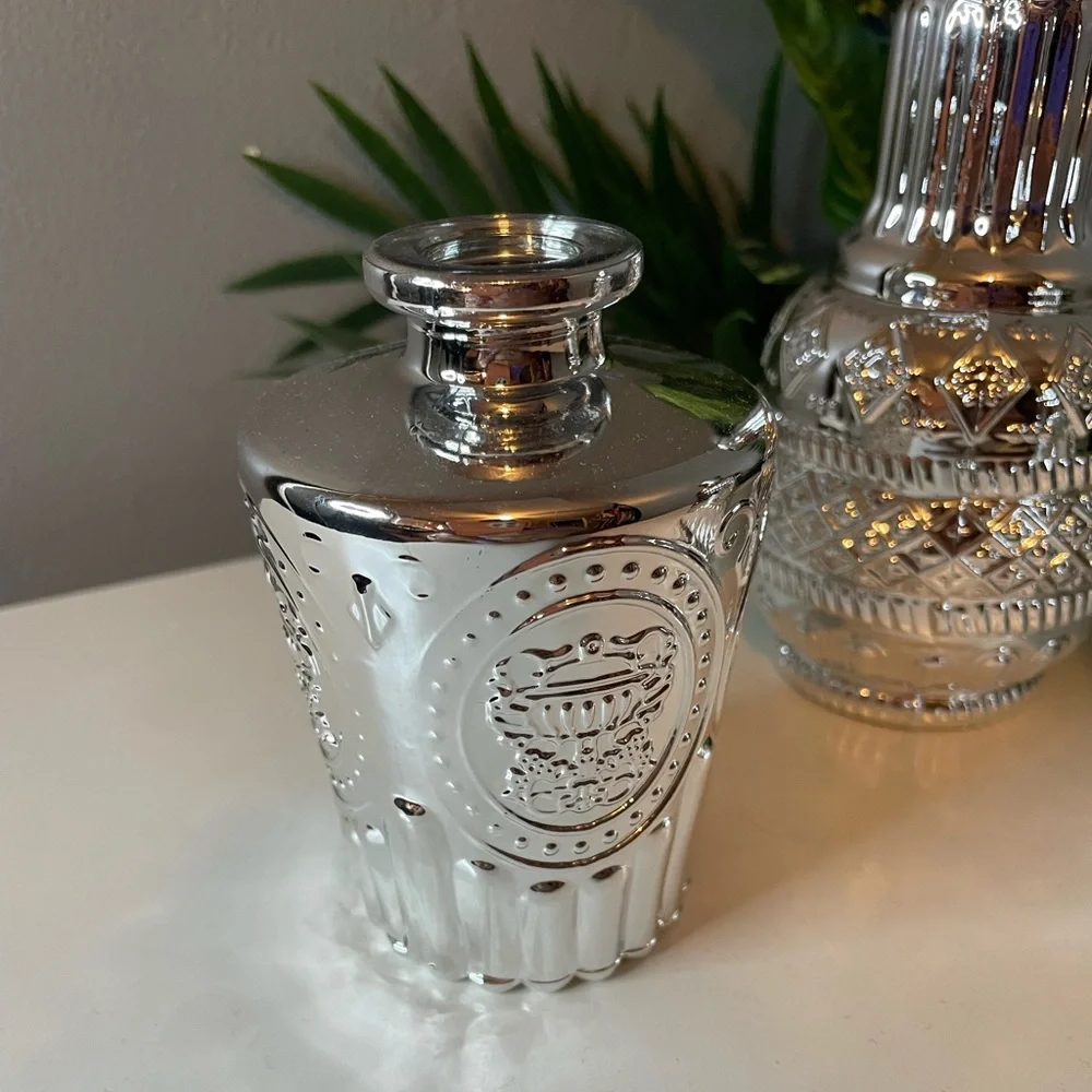 Silver Chrome Textured Glass Vases with Ornate Accents, Bud vase, Small vase